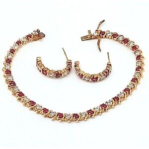 Tennis bracelet and earrings 925 Gold Vermeil Lab Created RUBY and CZ